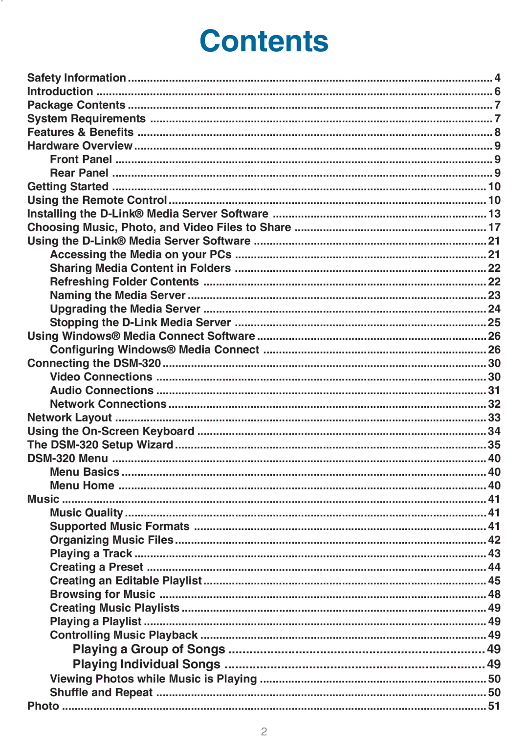 D-Link DSM-320 manual Contents 