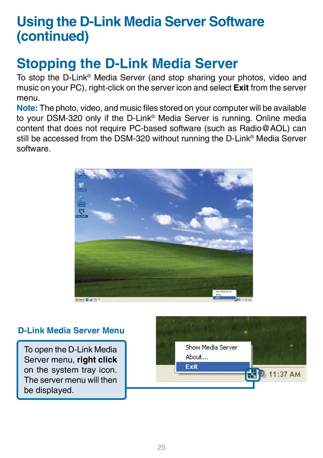 D-Link DSM-320 manual Link Media Server Menu 