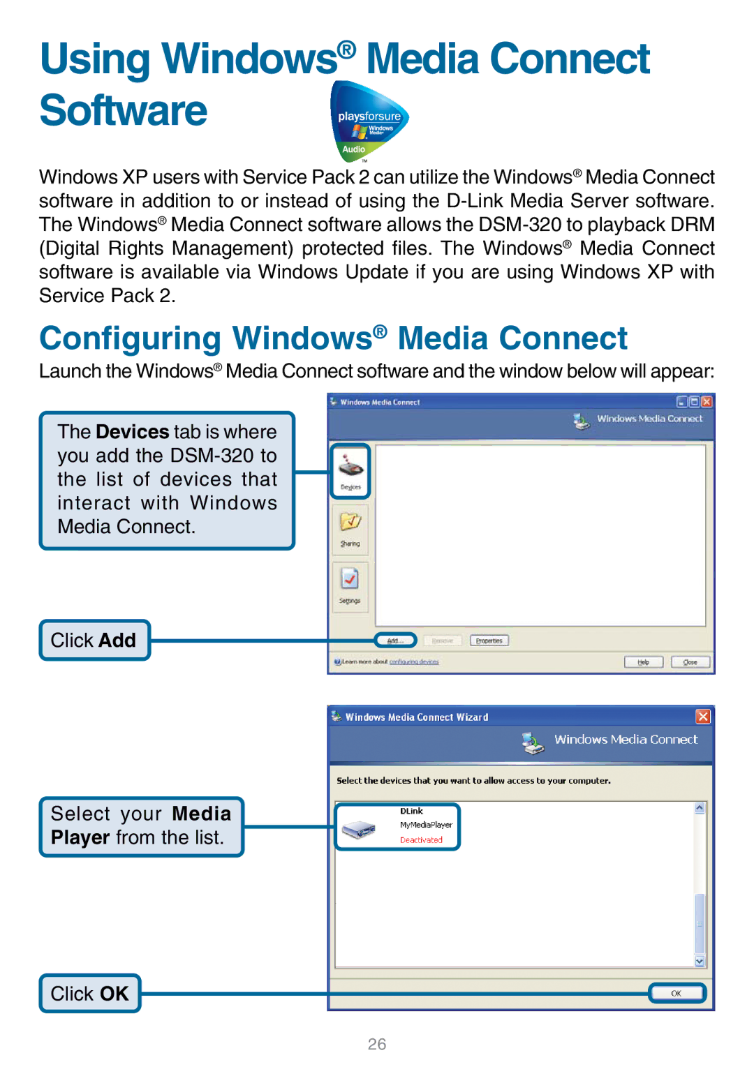 D-Link DSM-320 manual Using Windows Media Connect Software, Configuring Windows Media Connect 