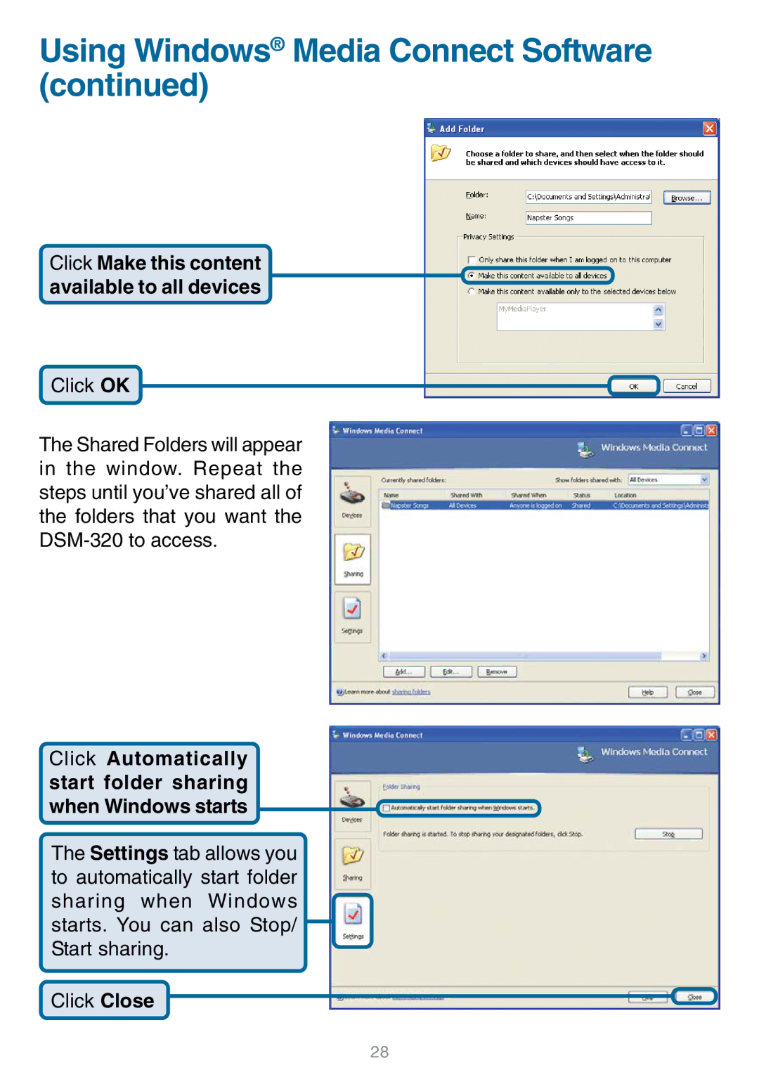 D-Link DSM-320 manual Click Automatically start folder sharing when Windows starts 