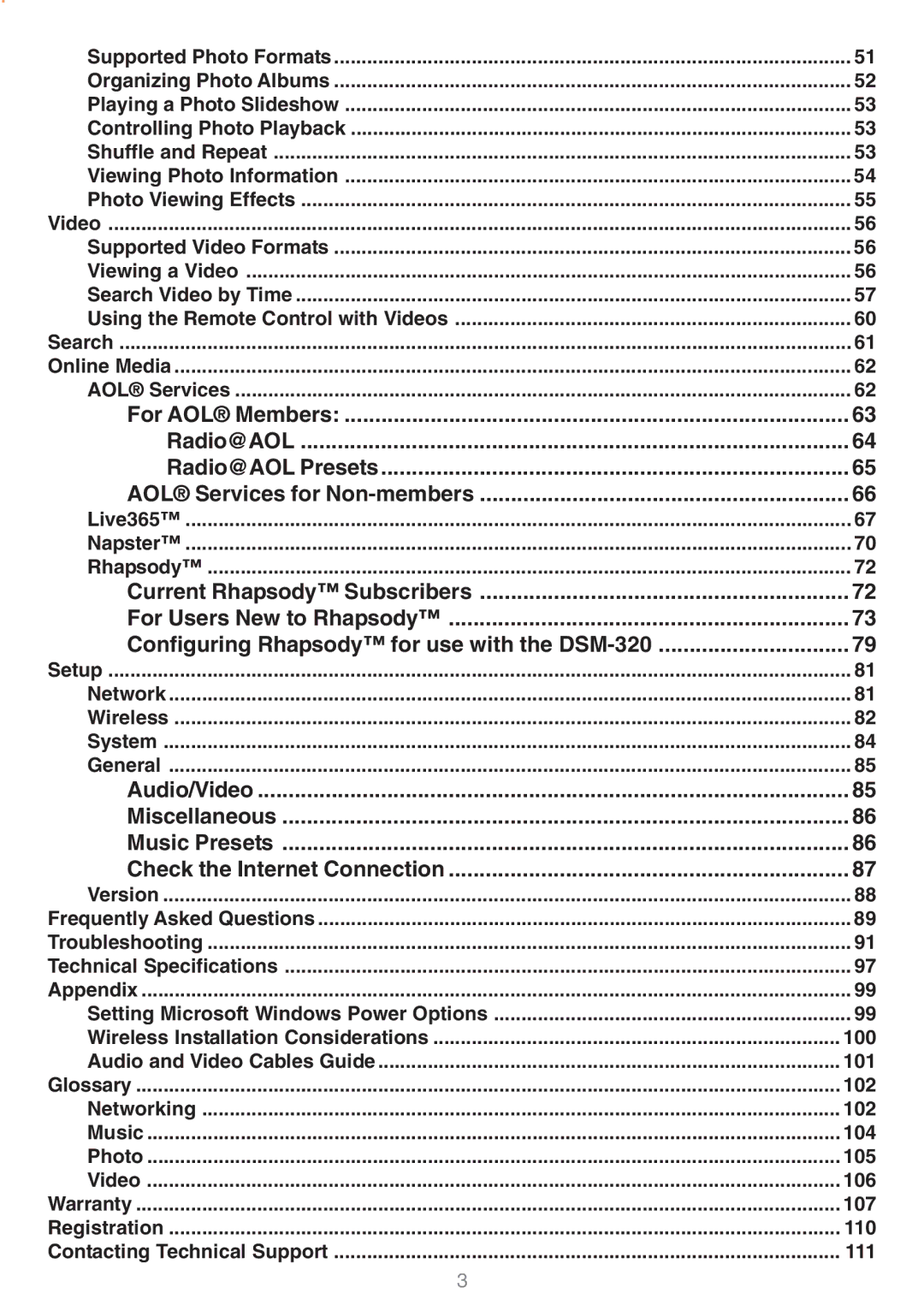 D-Link DSM-320 manual Live365 Napster Rhapsody 