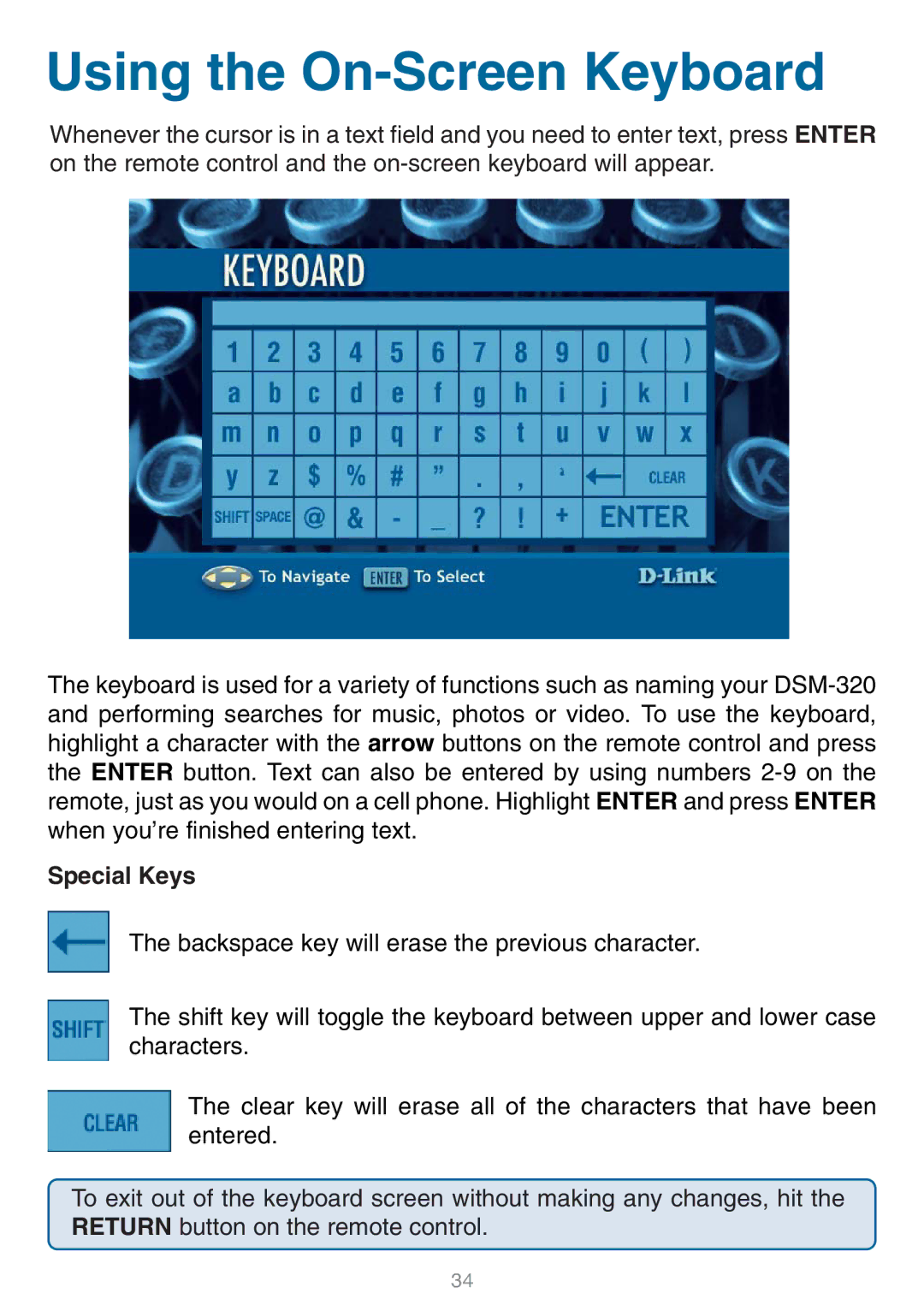 D-Link DSM-320 manual Using the On-Screen Keyboard, Special Keys 