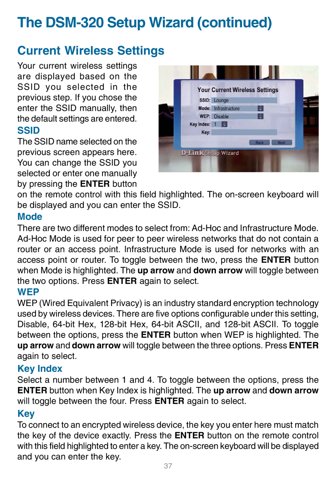 D-Link DSM-320 manual Current Wireless Settings 