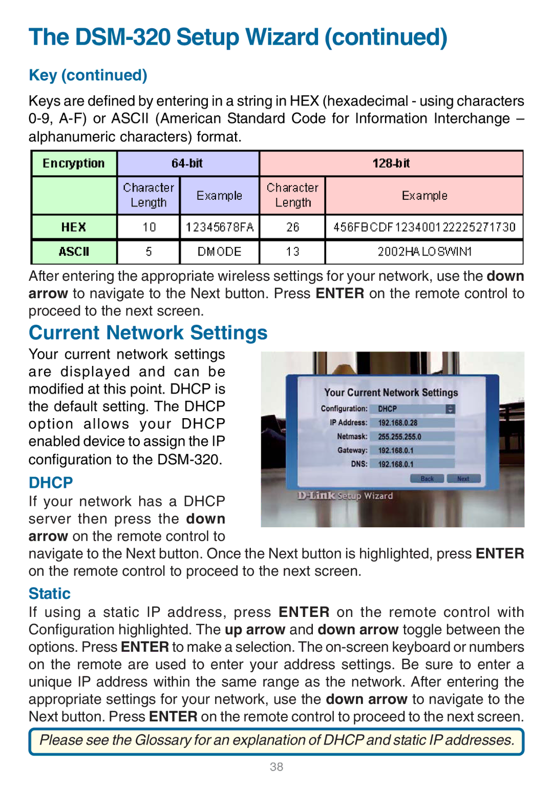 D-Link DSM-320 manual Current Network Settings 