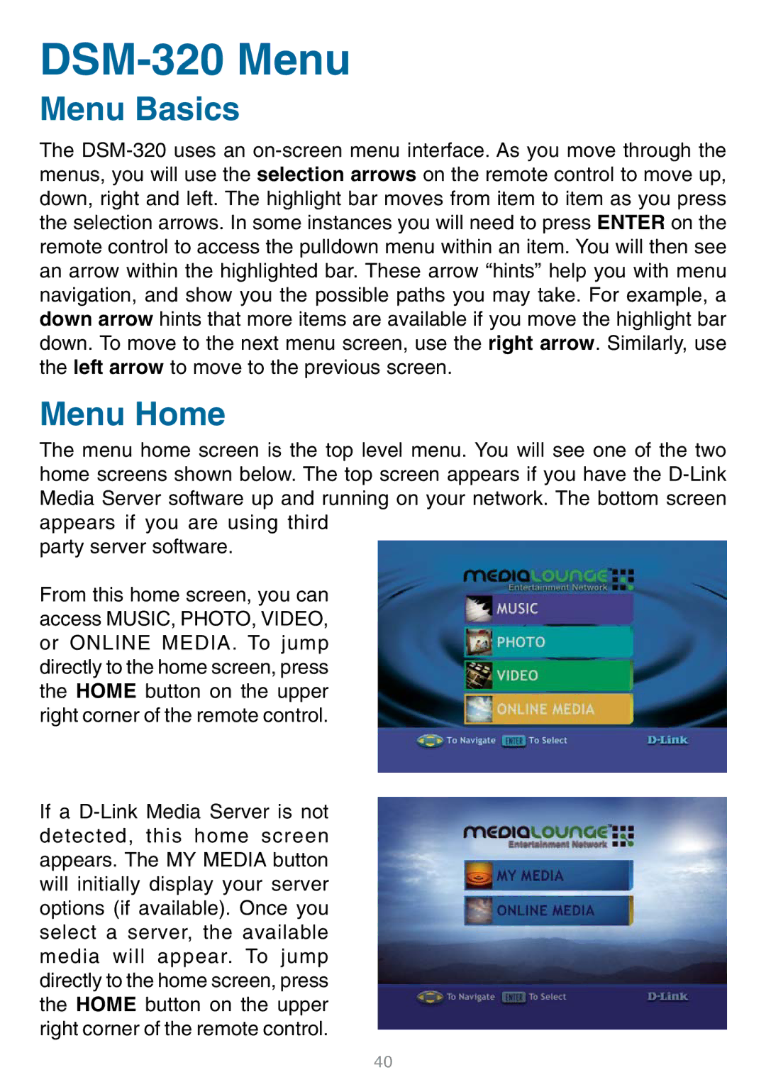 D-Link manual DSM-320 Menu, Menu Basics, Menu Home 