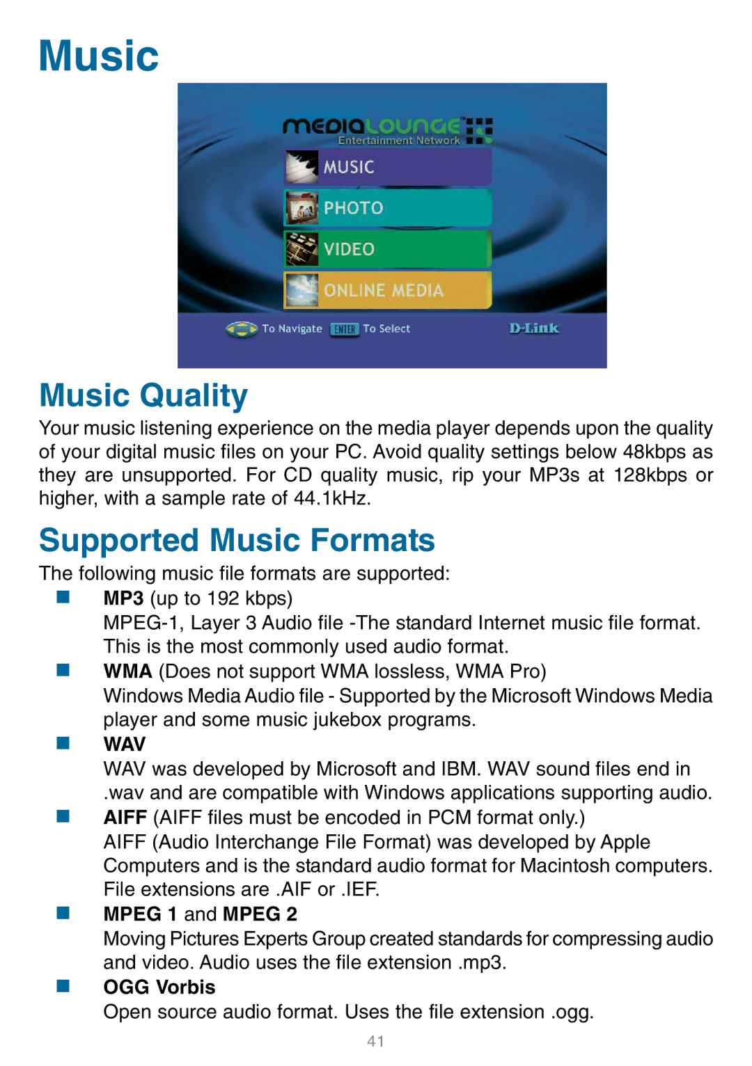 D-Link DSM-320 manual Music Quality, Supported Music Formats 