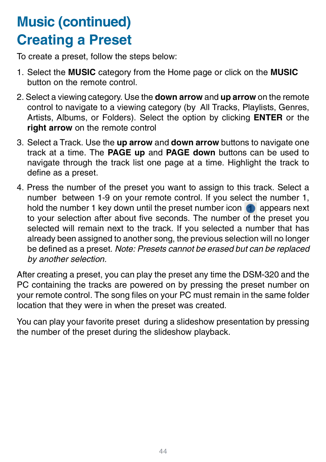 D-Link DSM-320 manual Music Creating a Preset 