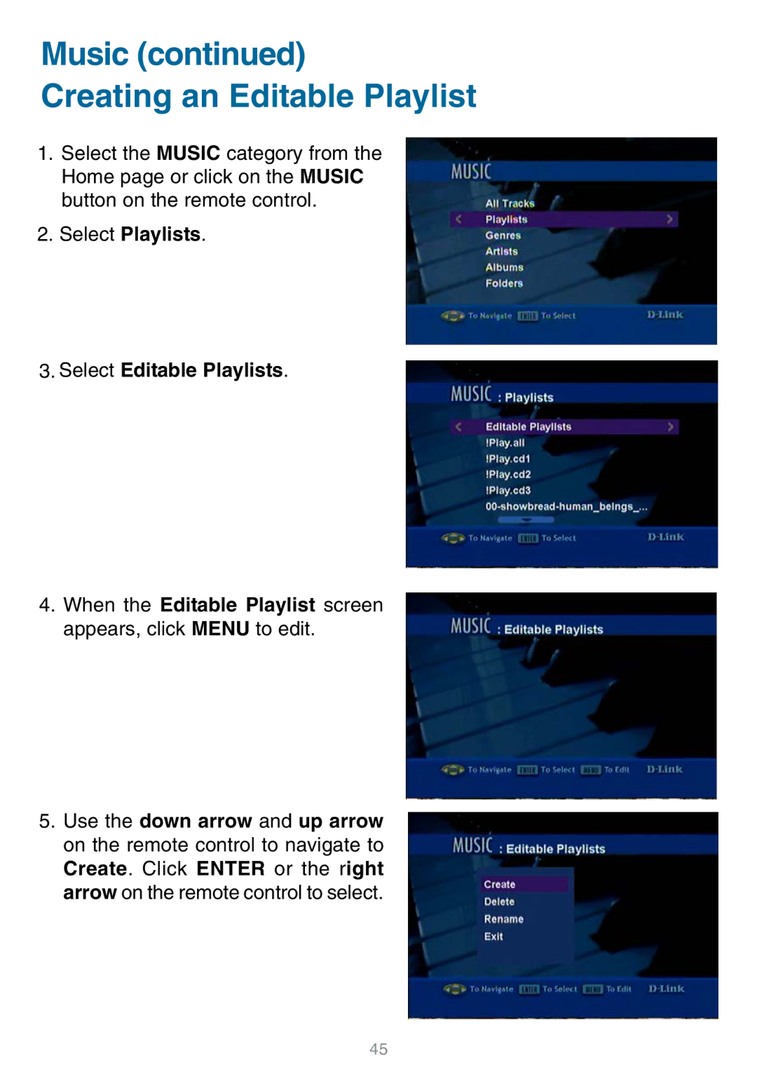 D-Link DSM-320 manual Music Creating an Editable Playlist, Select Playlists Select Editable Playlists 