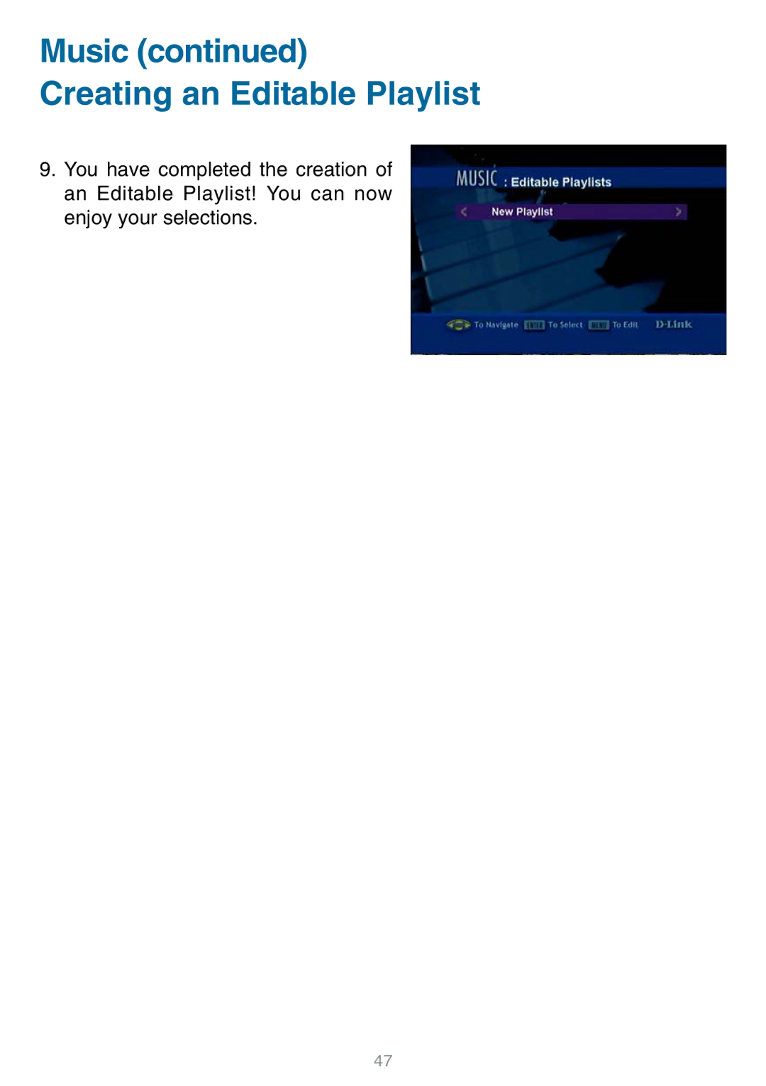 D-Link DSM-320 manual Music Creating an Editable Playlist 