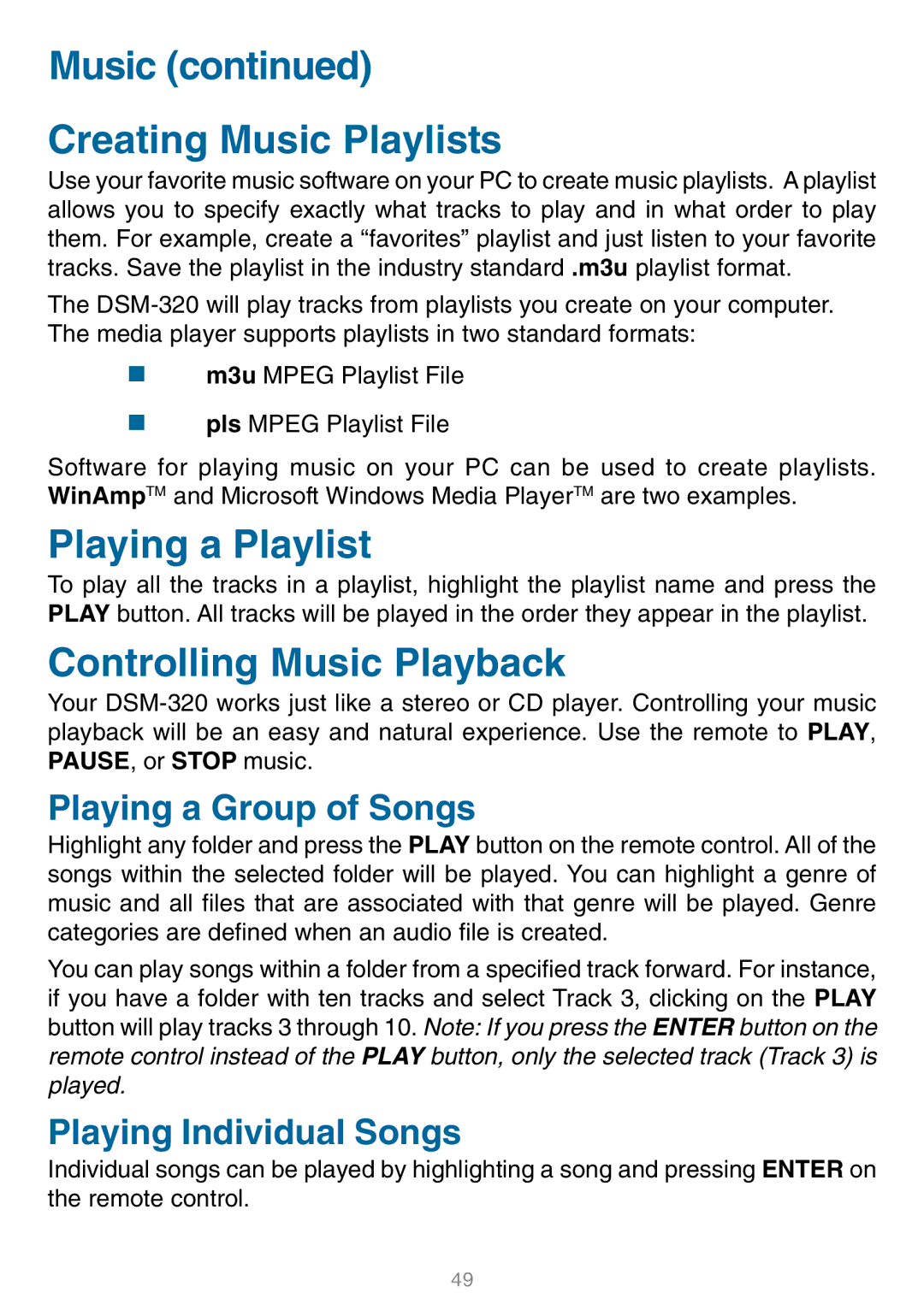 D-Link DSM-320 Music Creating Music Playlists, Playing a Playlist, Controlling Music Playback, Playing a Group of Songs 