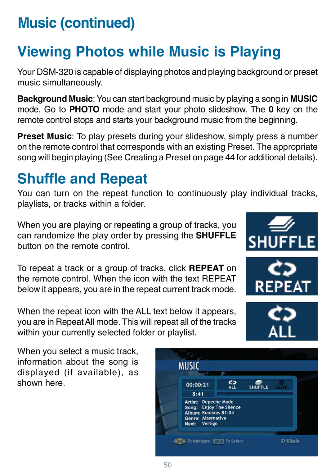 D-Link DSM-320 manual Music Viewing Photos while Music is Playing, Shuffle and Repeat 