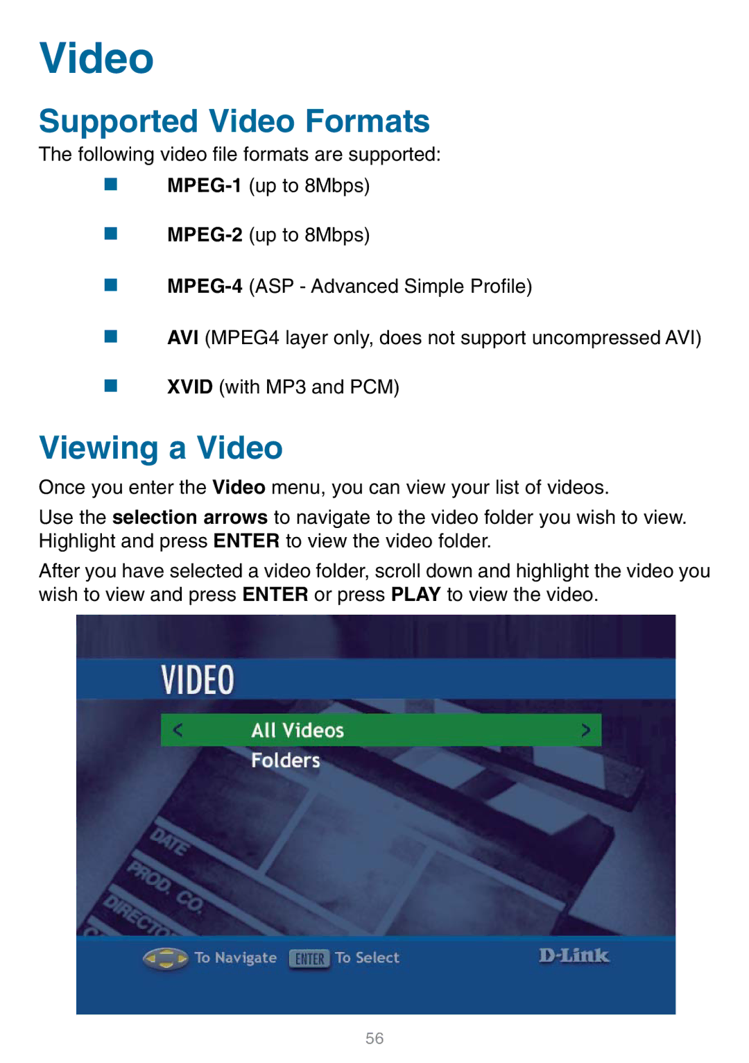 D-Link DSM-320 manual Supported Video Formats, Viewing a Video 