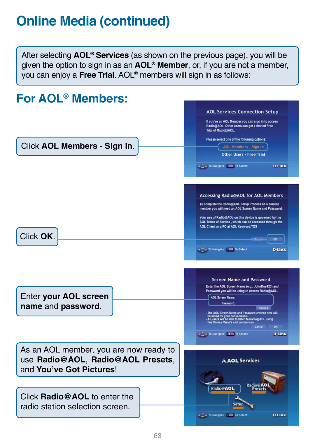 D-Link DSM-320 manual Online Media, For AOL Members 