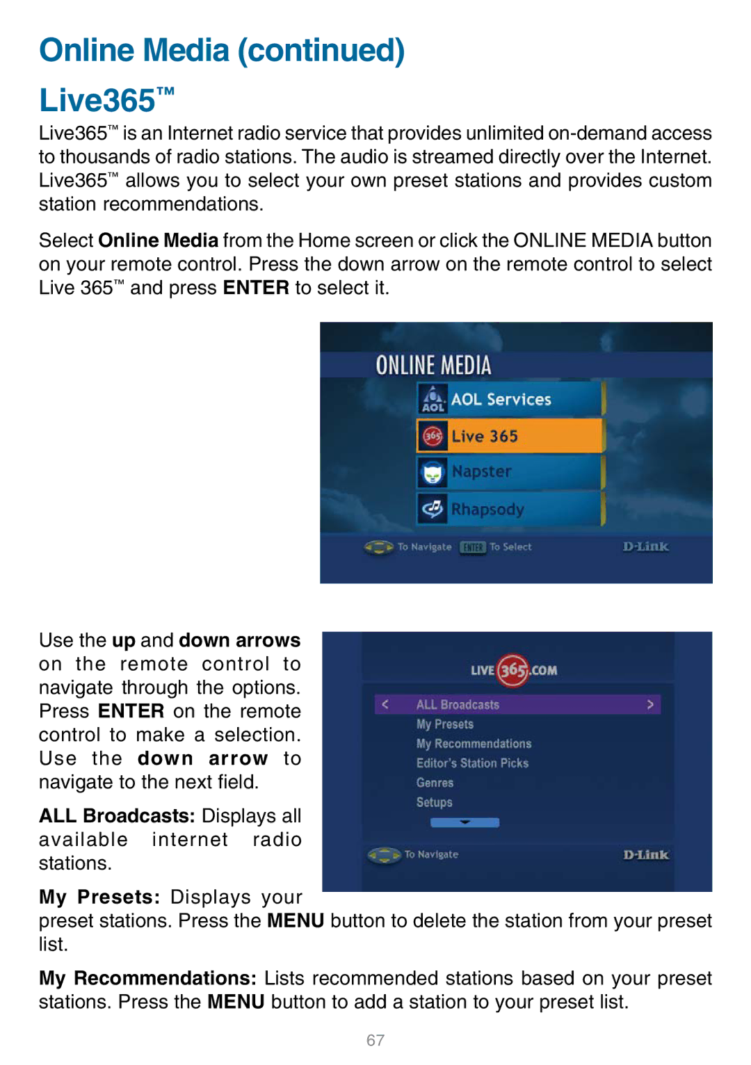 D-Link DSM-320 manual Online Media Live365 