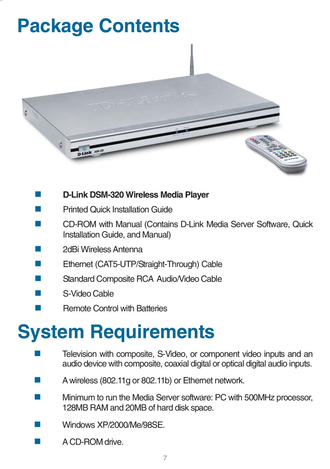 D-Link DSM-320 manual Package Contents, System Requirements 