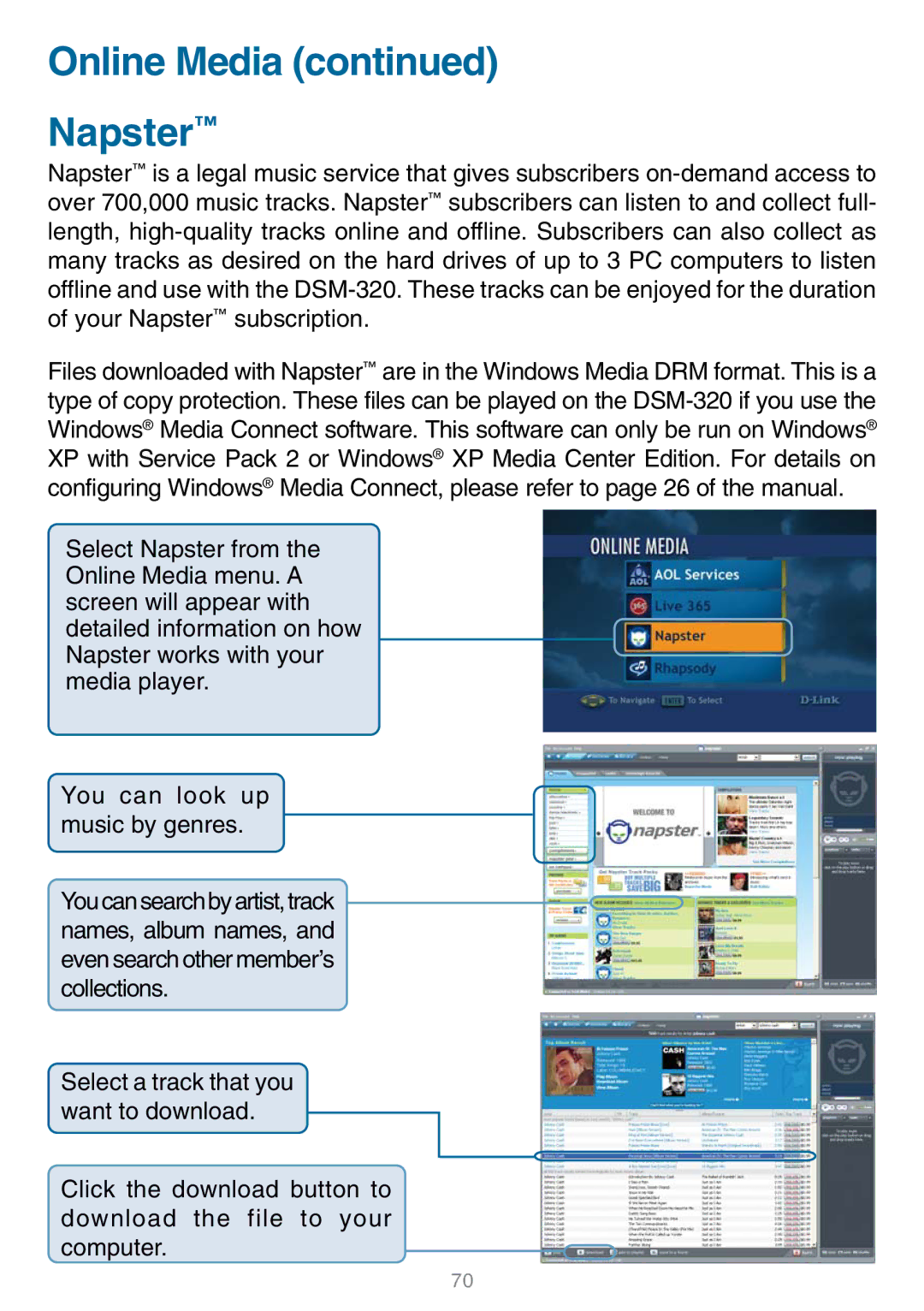 D-Link DSM-320 manual Online Media Napster 