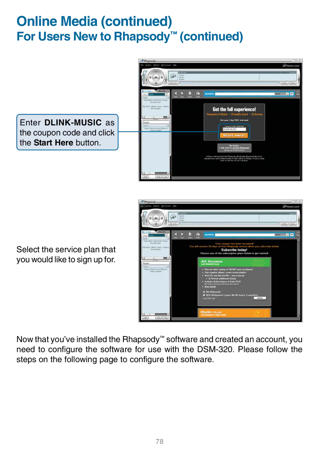 D-Link DSM-320 manual Select the service plan that you would like to sign up for 