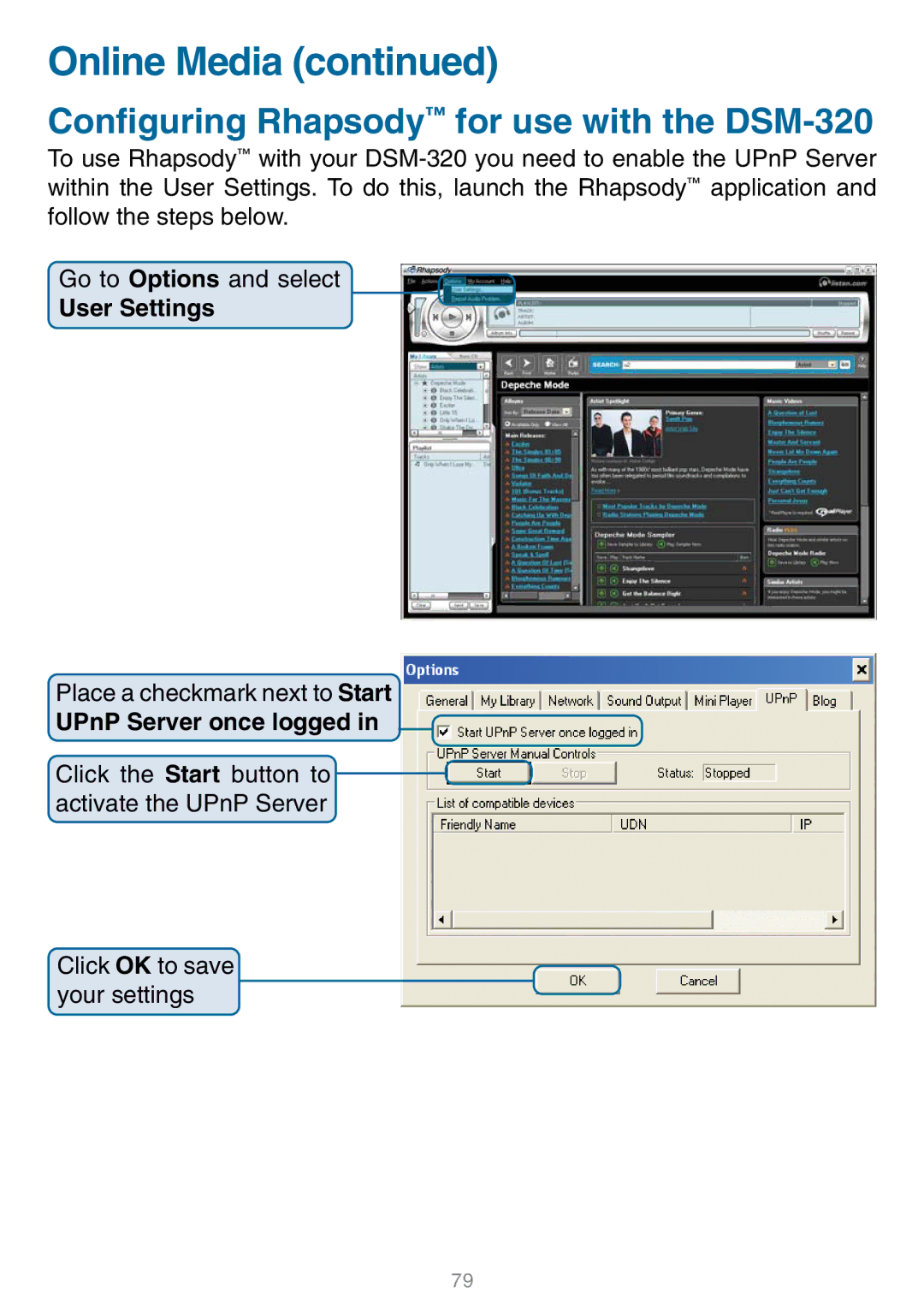 D-Link manual Configuring Rhapsody for use with the DSM-320 