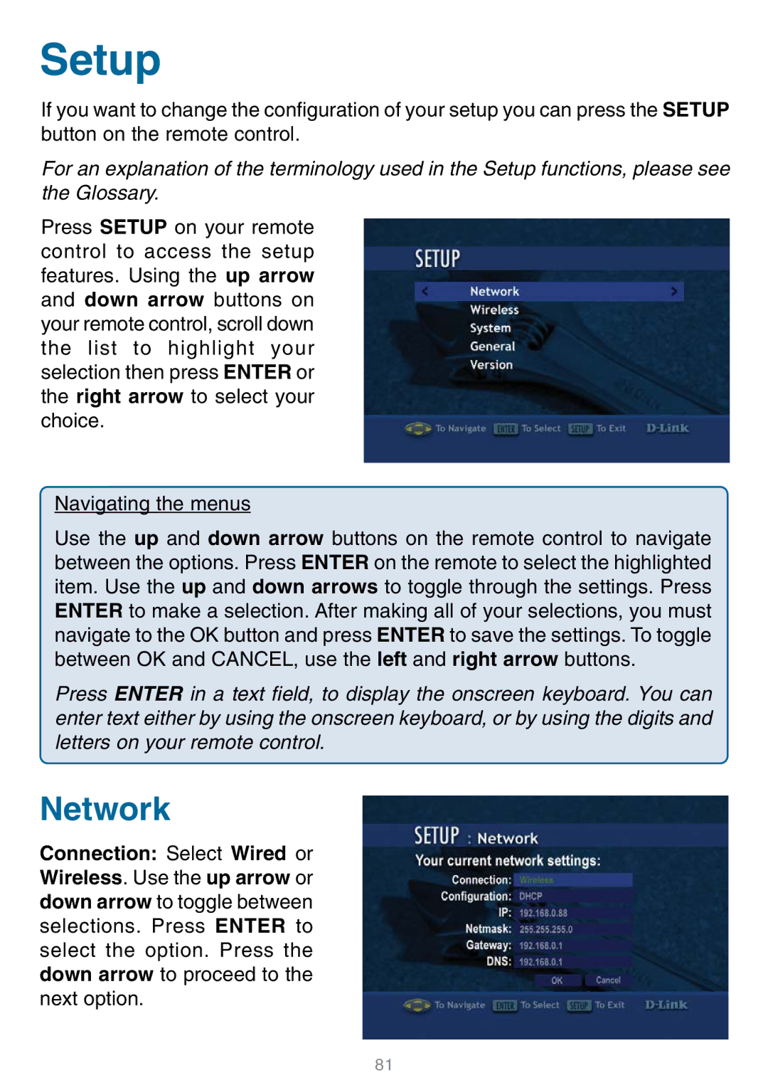 D-Link DSM-320 manual Setup, Network 