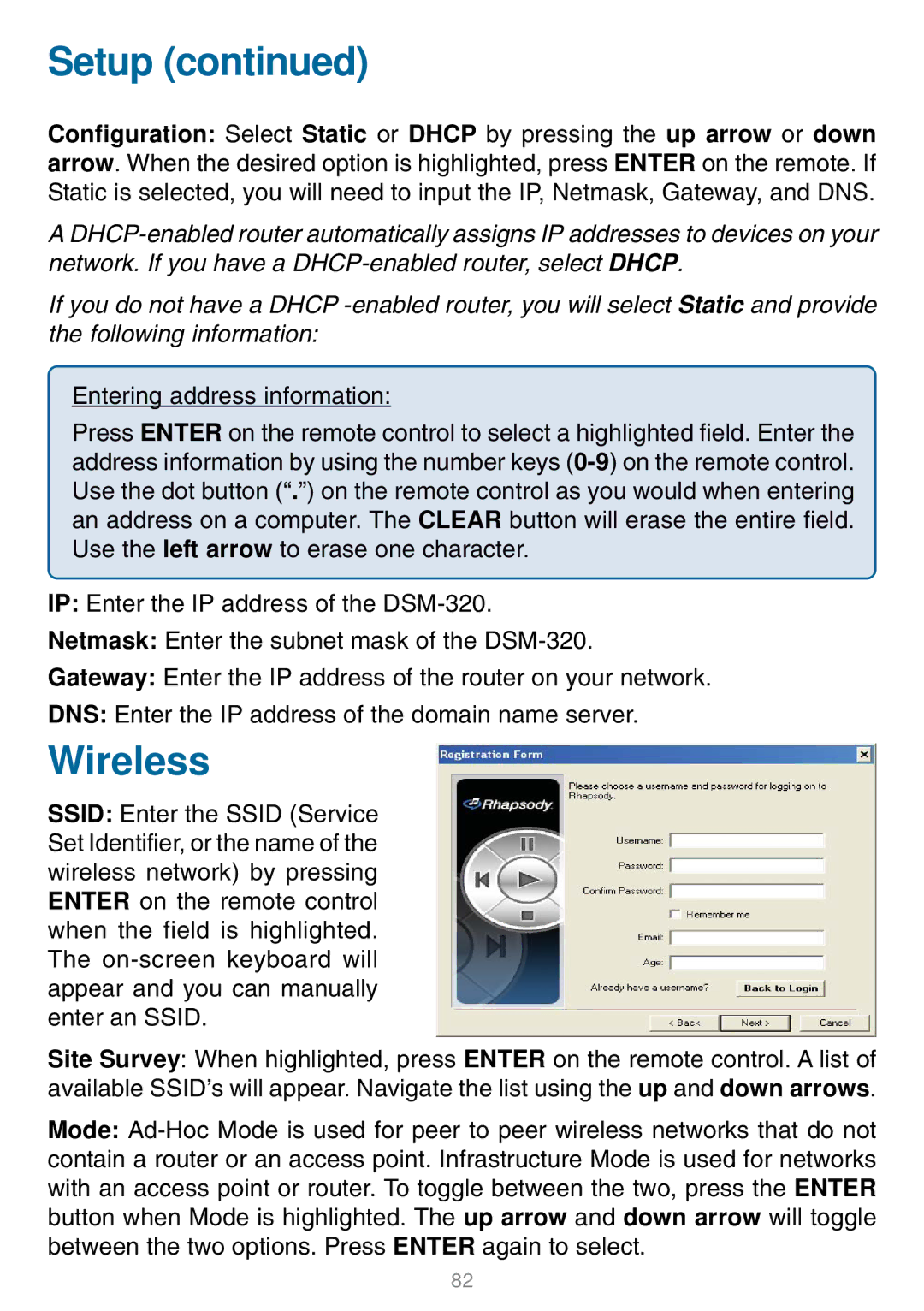 D-Link DSM-320 manual Setup, Wireless 