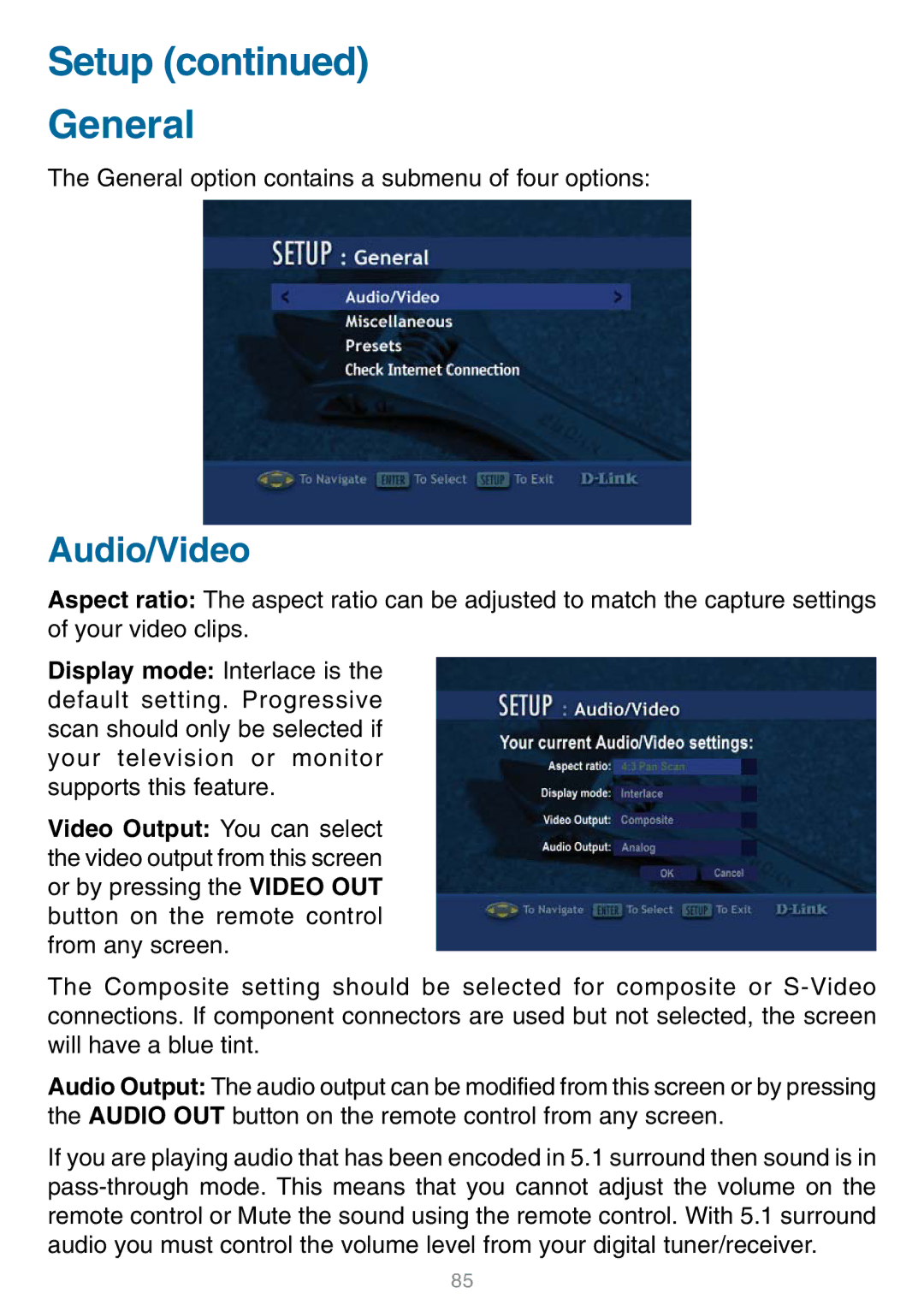 D-Link DSM-320 manual Setup General, Audio/Video 