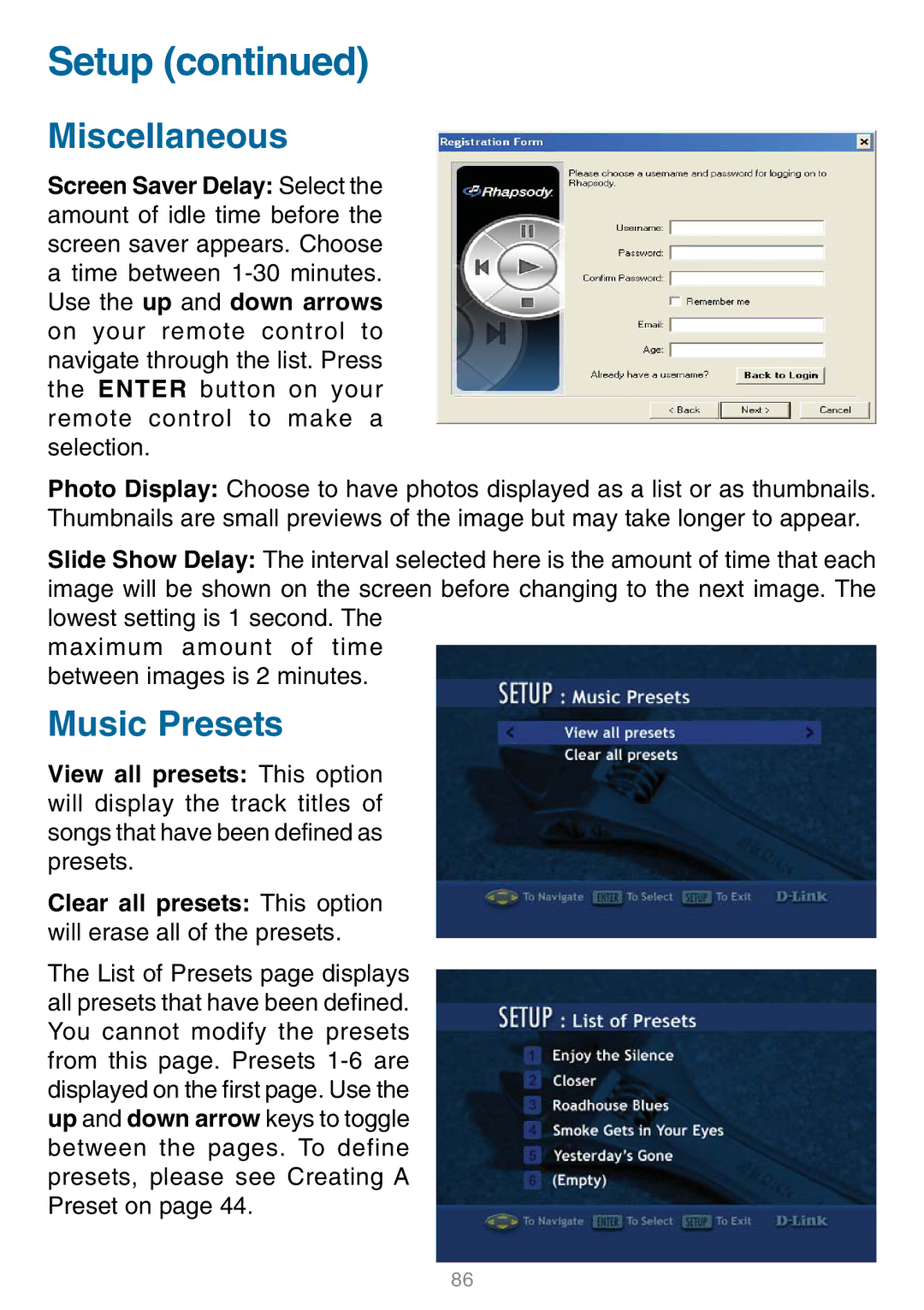 D-Link DSM-320 manual Miscellaneous, Music Presets 