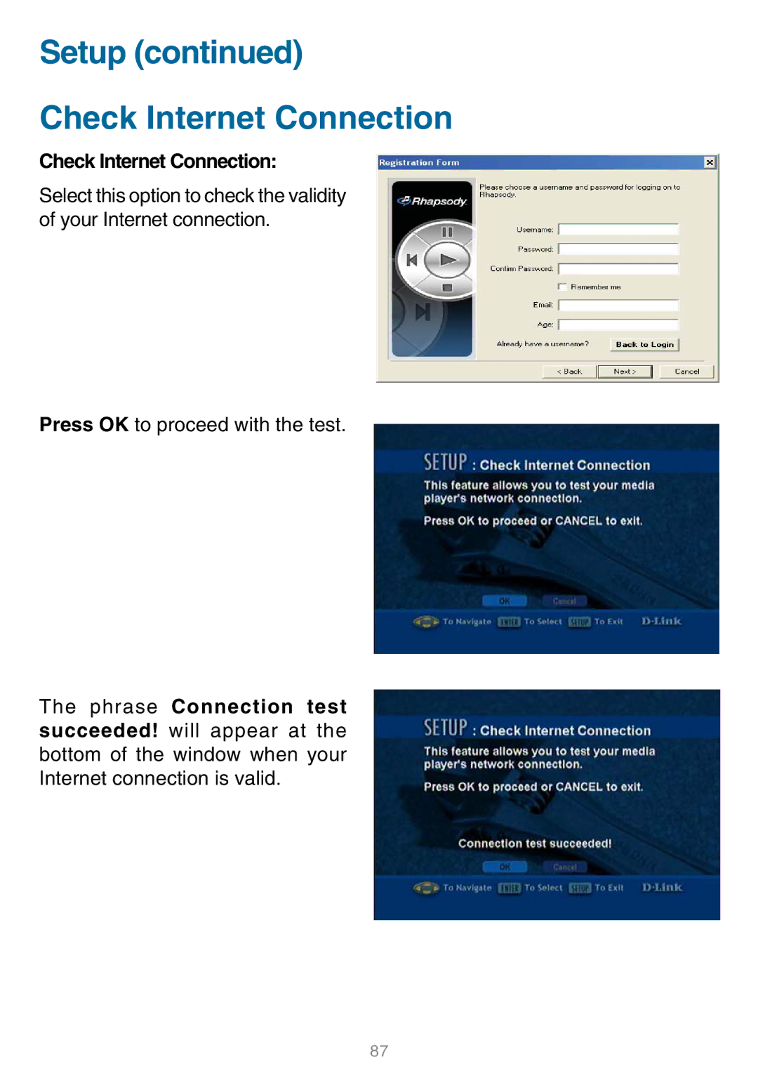 D-Link DSM-320 manual Setup Check Internet Connection 