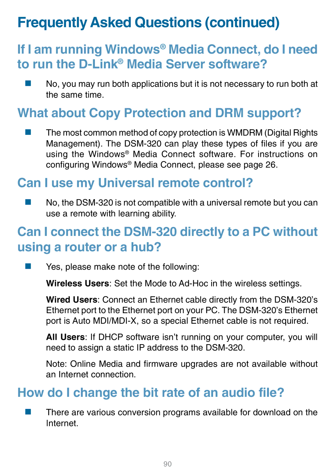 D-Link DSM-320 manual Frequently Asked Questions, What about Copy Protection and DRM support? 