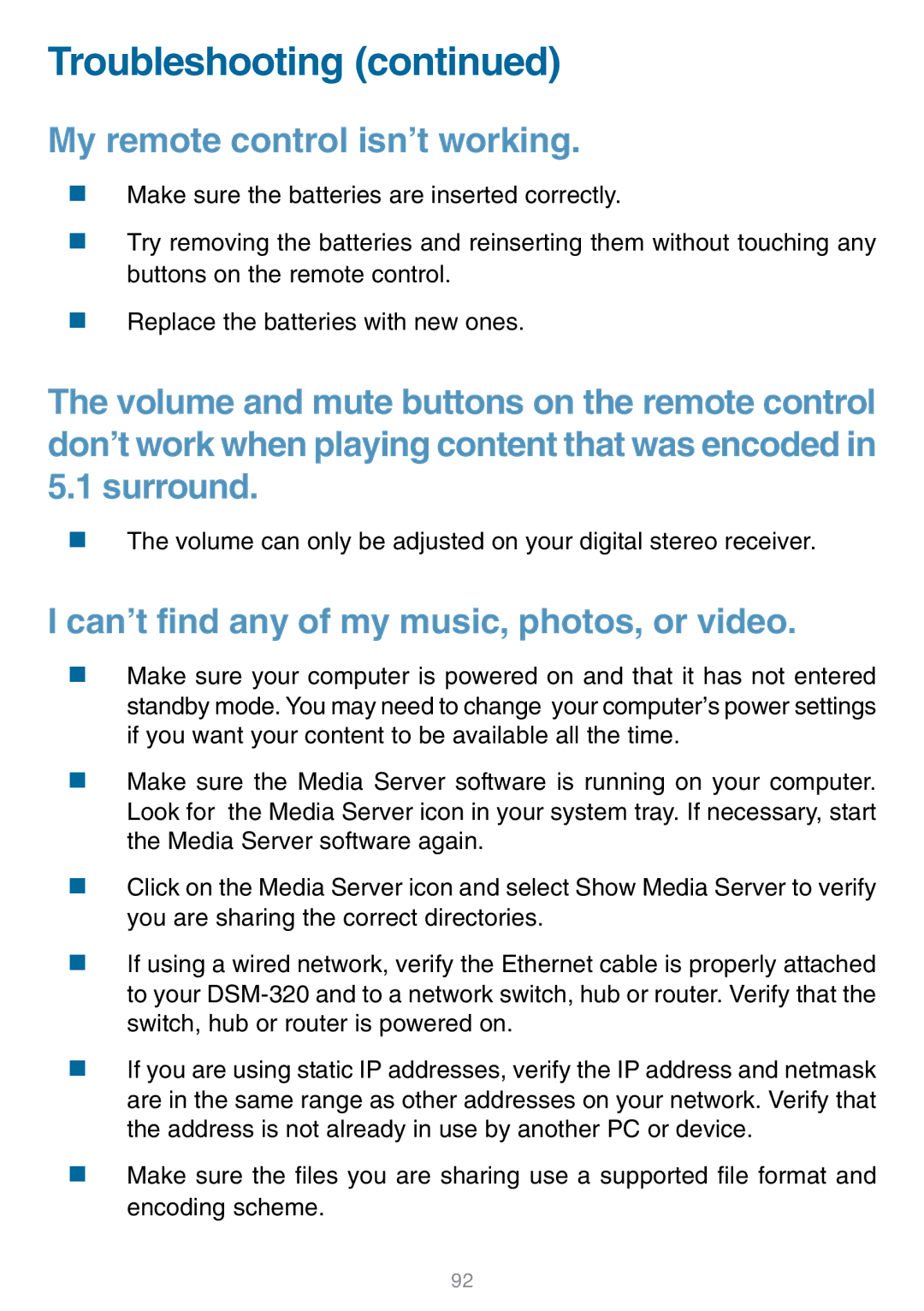 D-Link DSM-320 manual Troubleshooting, My remote control isn’t working 