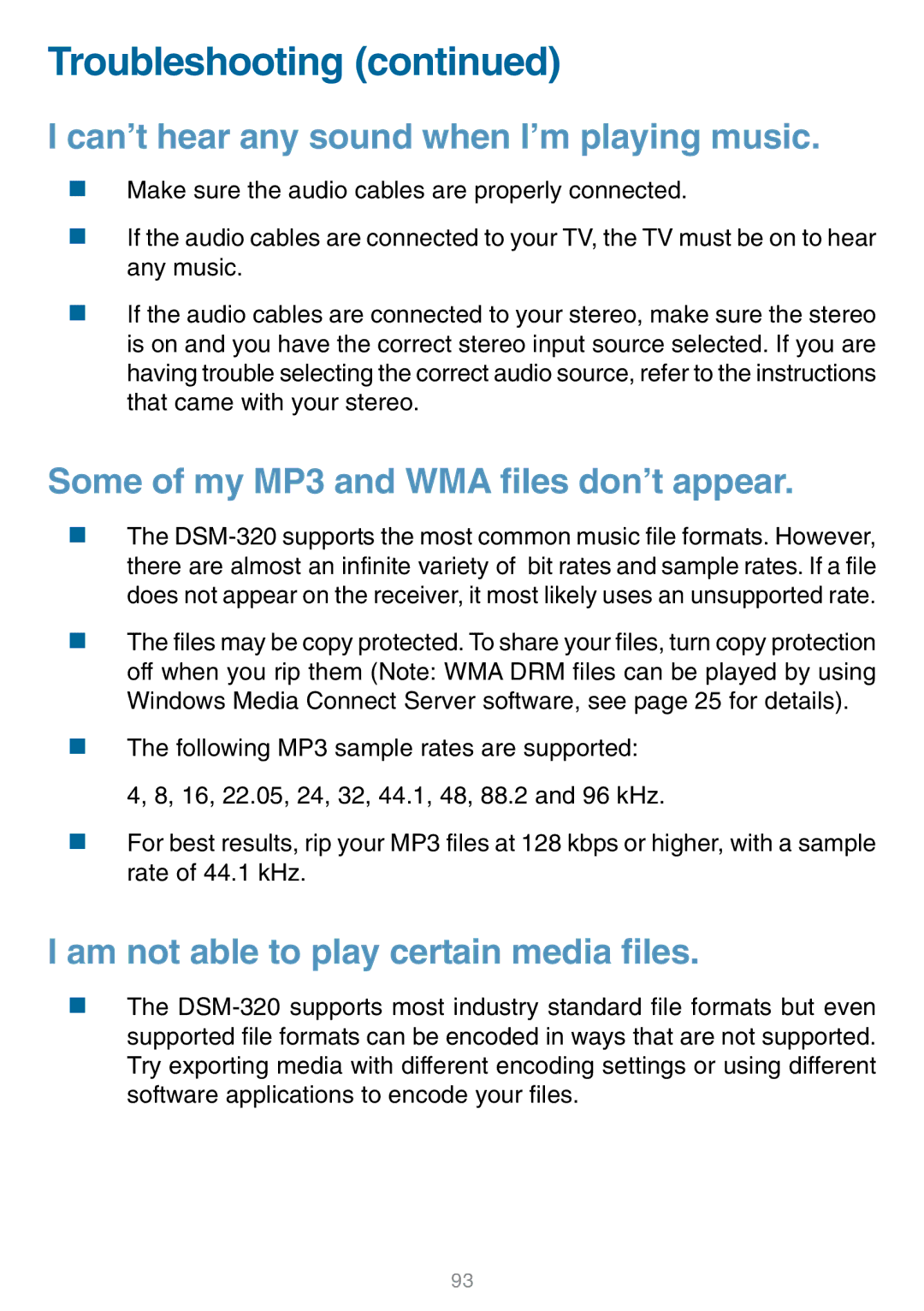 D-Link DSM-320 manual Can’t hear any sound when I’m playing music 