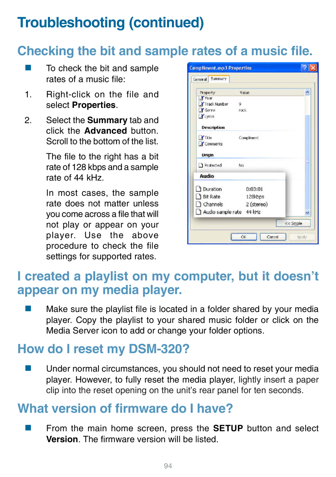 D-Link DSM-320 manual Checking the bit and sample rates of a music file 