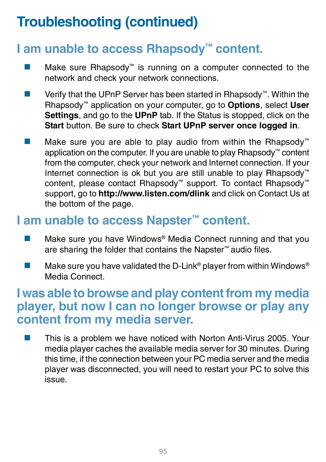 D-Link DSM-320 manual Am unable to access Rhapsody content 