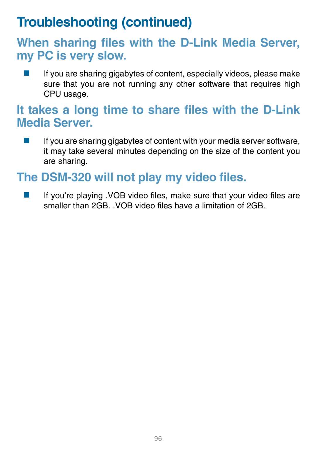 D-Link manual DSM-320 will not play my video files 