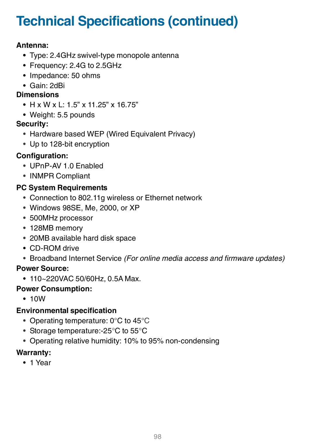 D-Link DSM-320 manual Technical Specifications, Antenna 