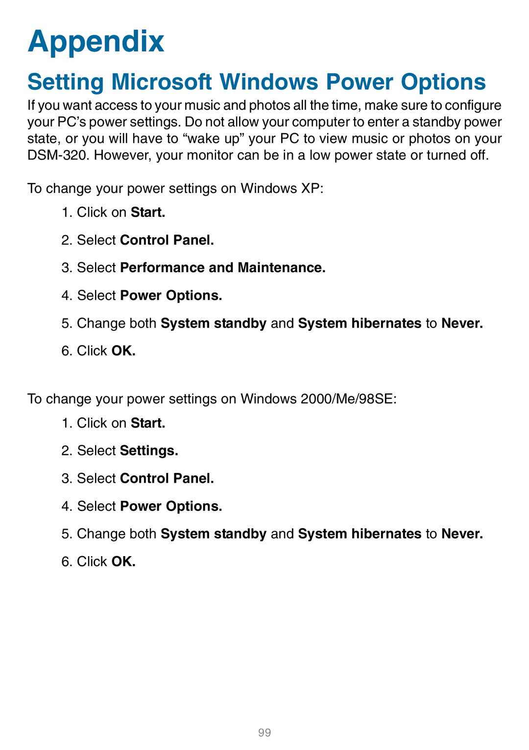 D-Link DSM-320 manual Appendix, Setting Microsoft Windows Power Options 