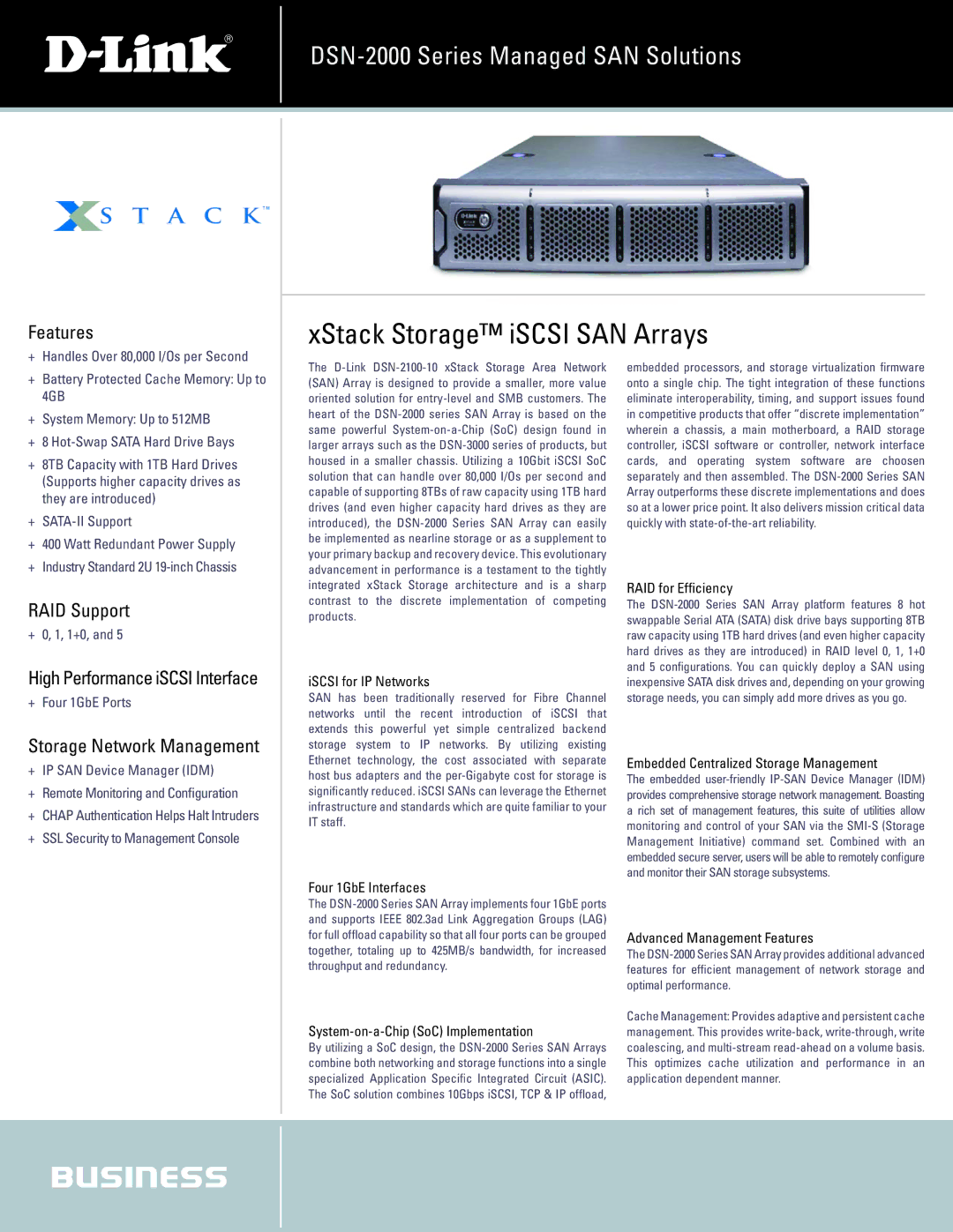 D-Link DSN-2000 manual Features, RAID Support, High Performance iSCSI Interface, Storage Network Management 