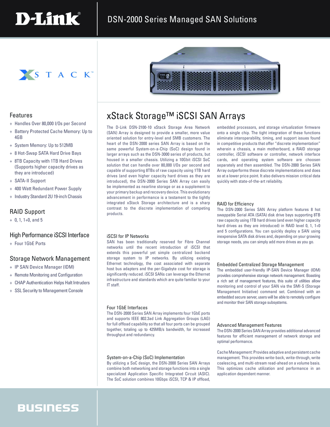D-Link manual xStack Storage iSCSI SAN Arrays, DSN-2000 Series Managed SAN Solutions, Features, RAID Support 