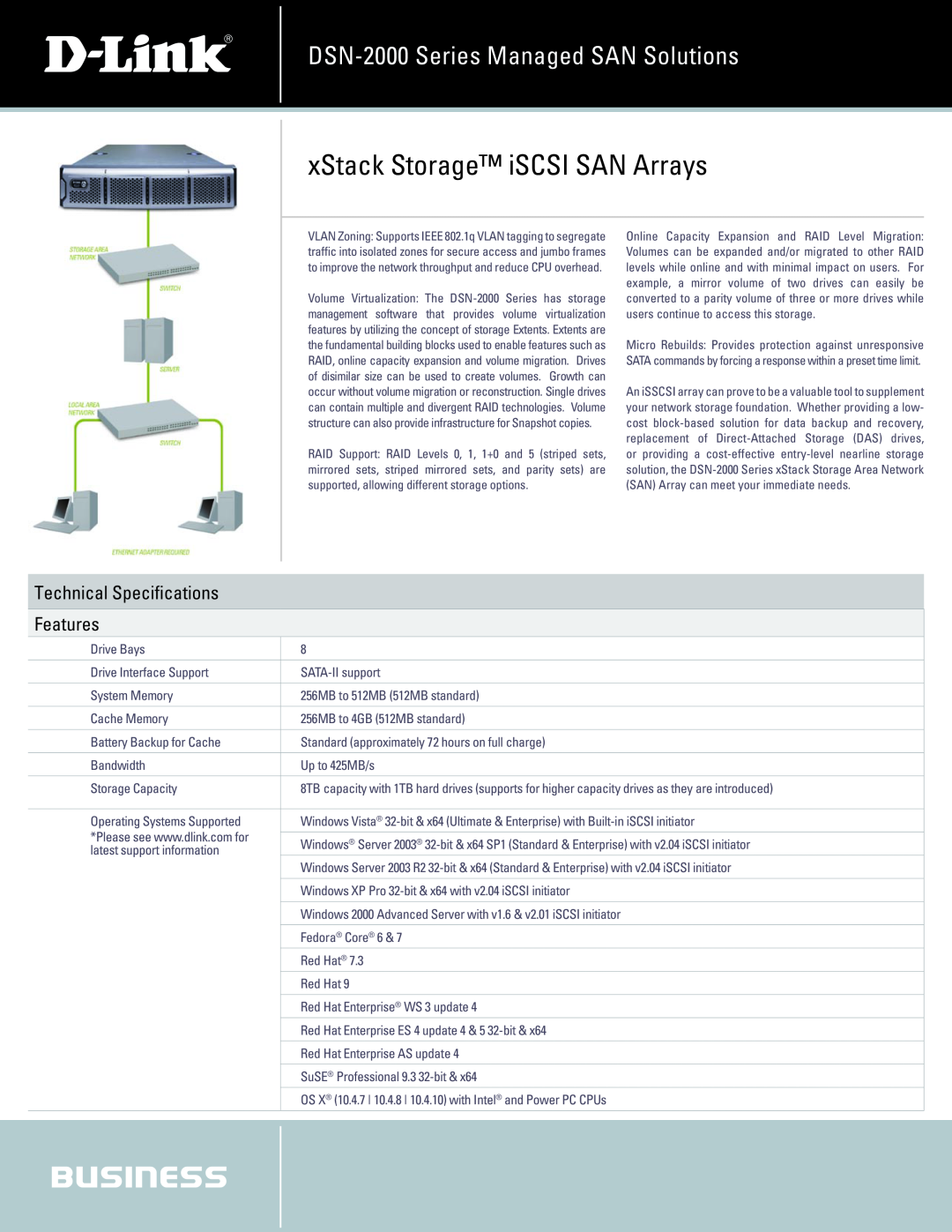 D-Link manual Technical Specifications Features, xStack Storage iSCSI SAN Arrays, DSN-2000 Series Managed SAN Solutions 