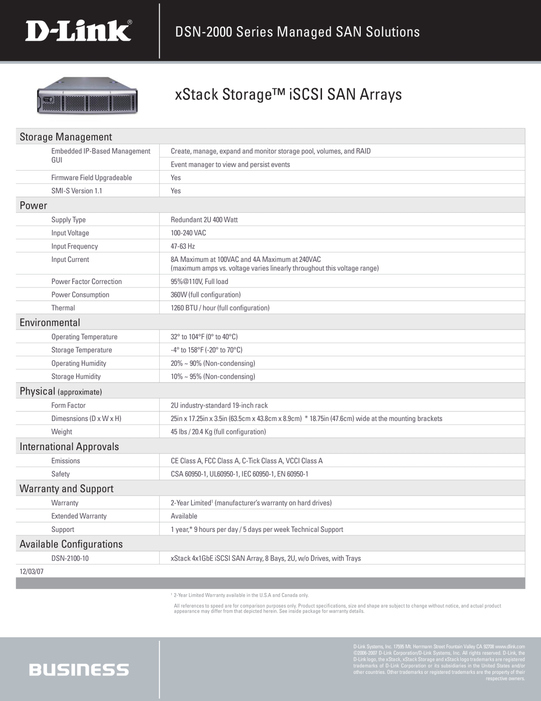D-Link xStack Storage iSCSI SAN Arrays, DSN-2000 Series Managed SAN Solutions, Storage Management, Power, Environmental 
