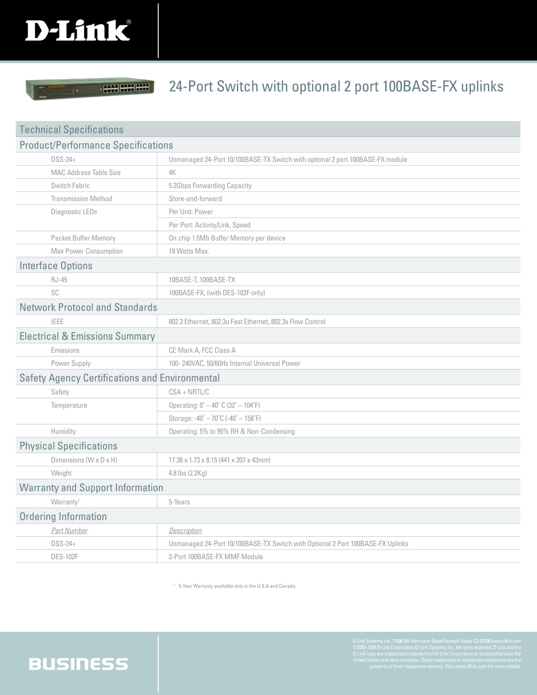D-Link DSS-24+ Technical Specifications Product/Performance Specifications, Interface Options, Physical Specifications 