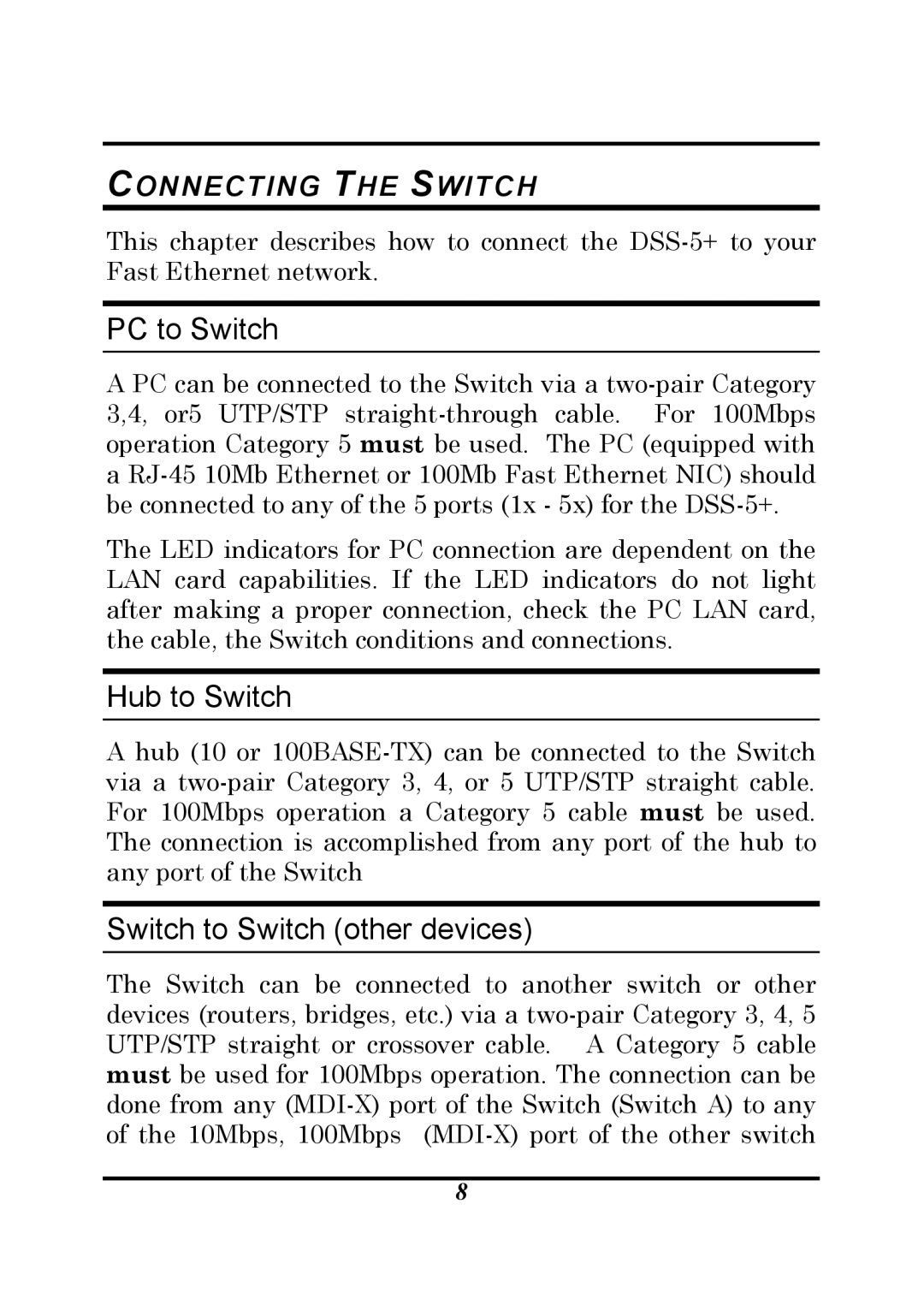 D-Link DSS-5 manual PC to Switch, Hub to Switch, Switch to Switch other devices 