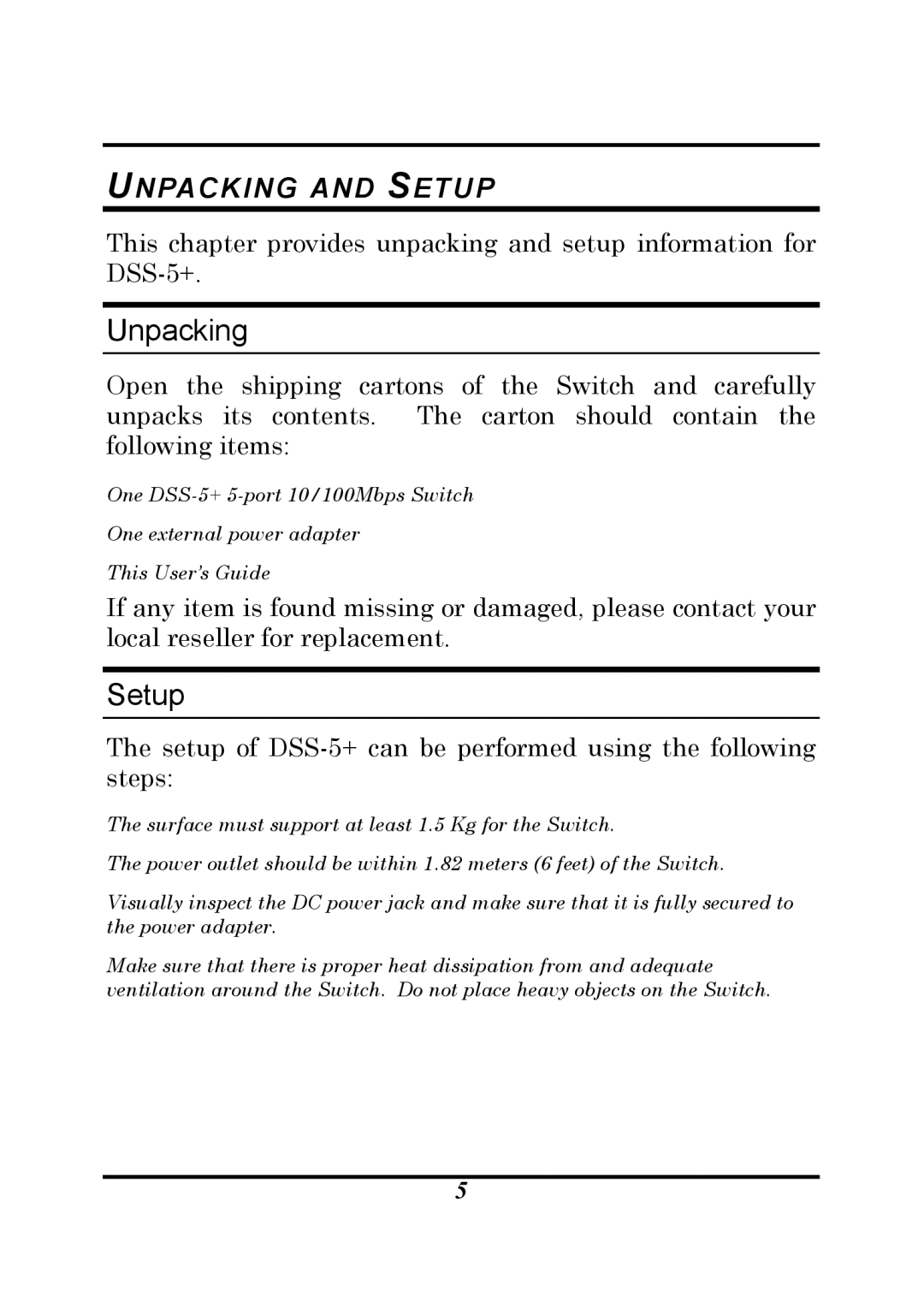 D-Link DSS-5 manual Unpacking, Setup 