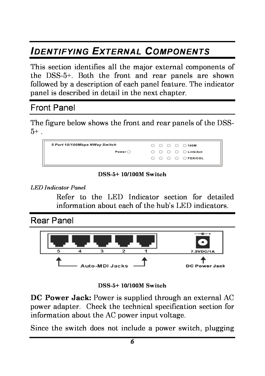 D-Link DSS-5 manual Front Panel, Rear Panel, Identifying External Components 