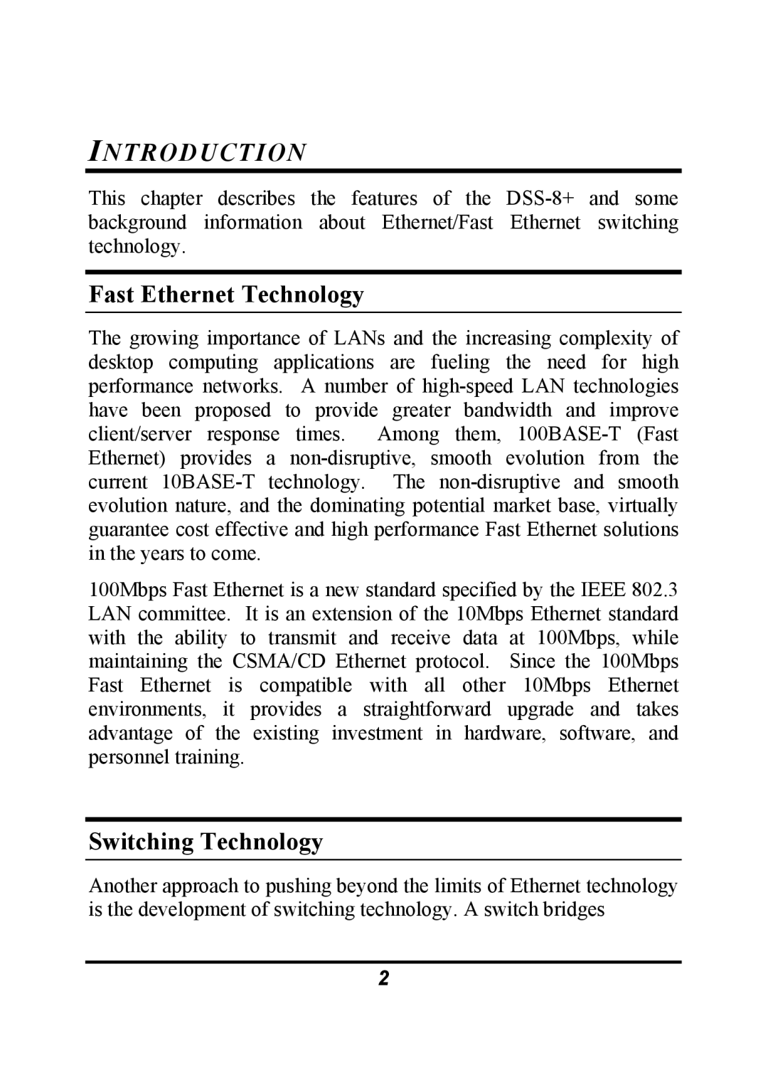 D-Link DSS-8+ manual Ntroduction, Fast Ethernet Technology, Switching Technology 