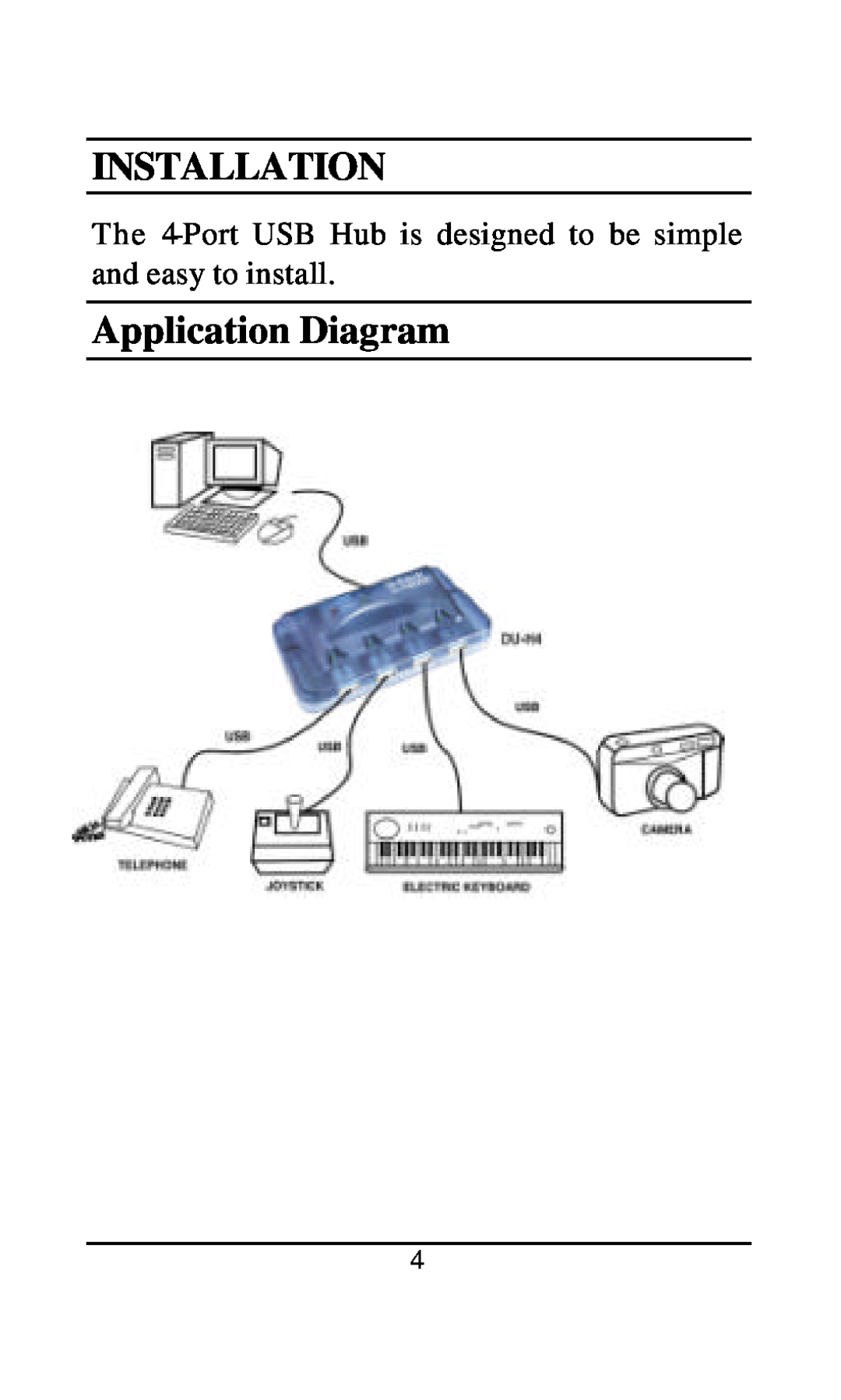 D-Link DU-H4 user manual Installation, Application Diagram, The 4-Port USB Hub is designed to be simple and easy to install 