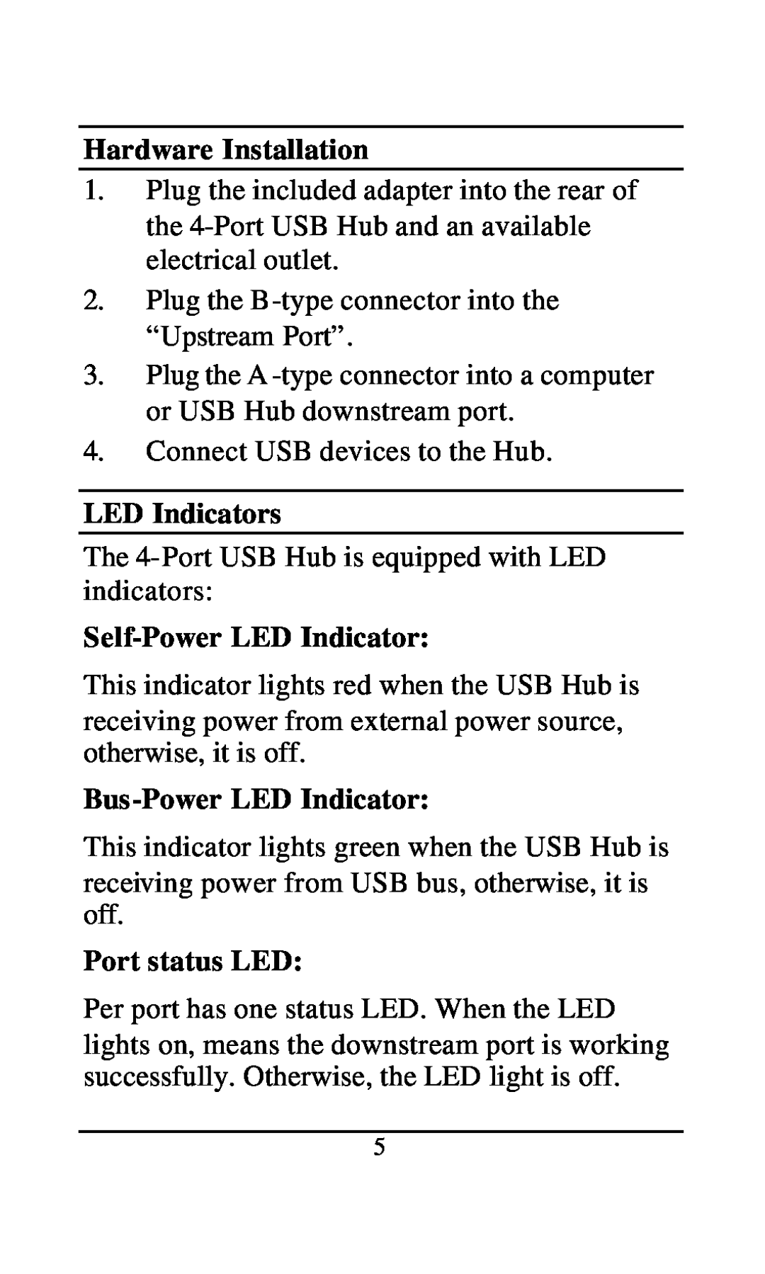 D-Link DU-H4 Hardware Installation, LED Indicators, Self-Power LED Indicator, Bus-Power LED Indicator, Port status LED 