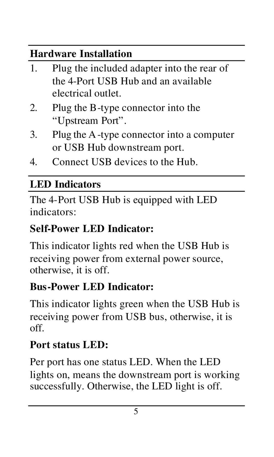 D-Link DU-H4 Hardware Installation, LED Indicators, Self-Power LED Indicator, Bus-Power LED Indicator, Port status LED 