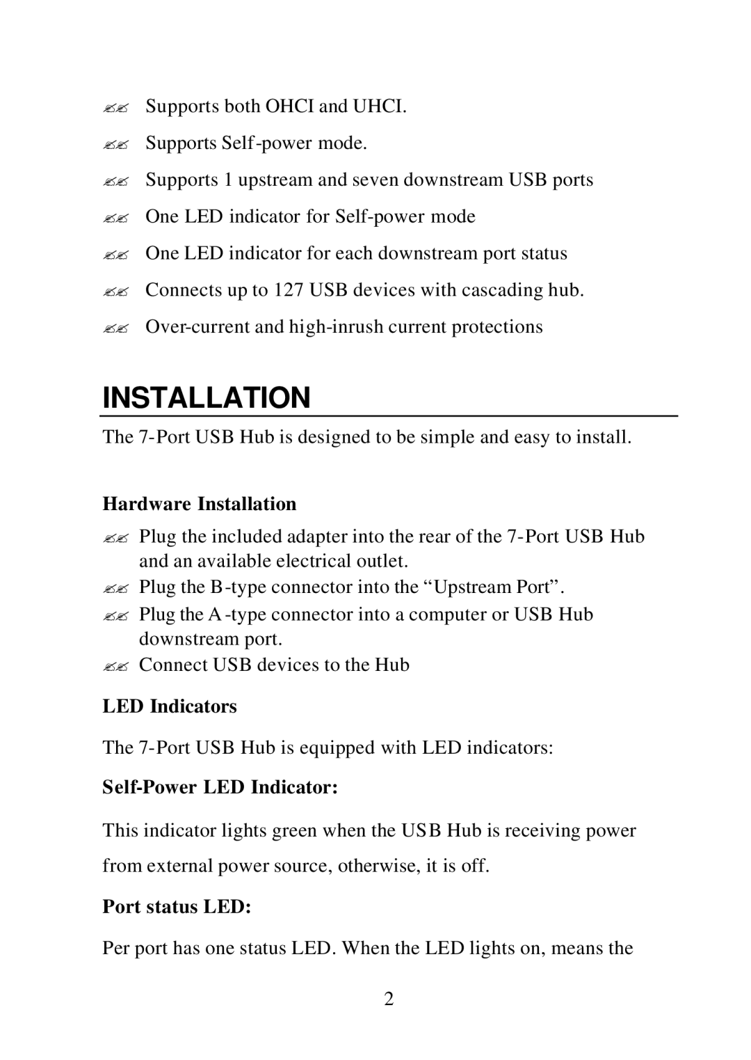 D-Link DU-H7 user manual Hardware Installation, LED Indicators, Self-Power LED Indicator, Port status LED 