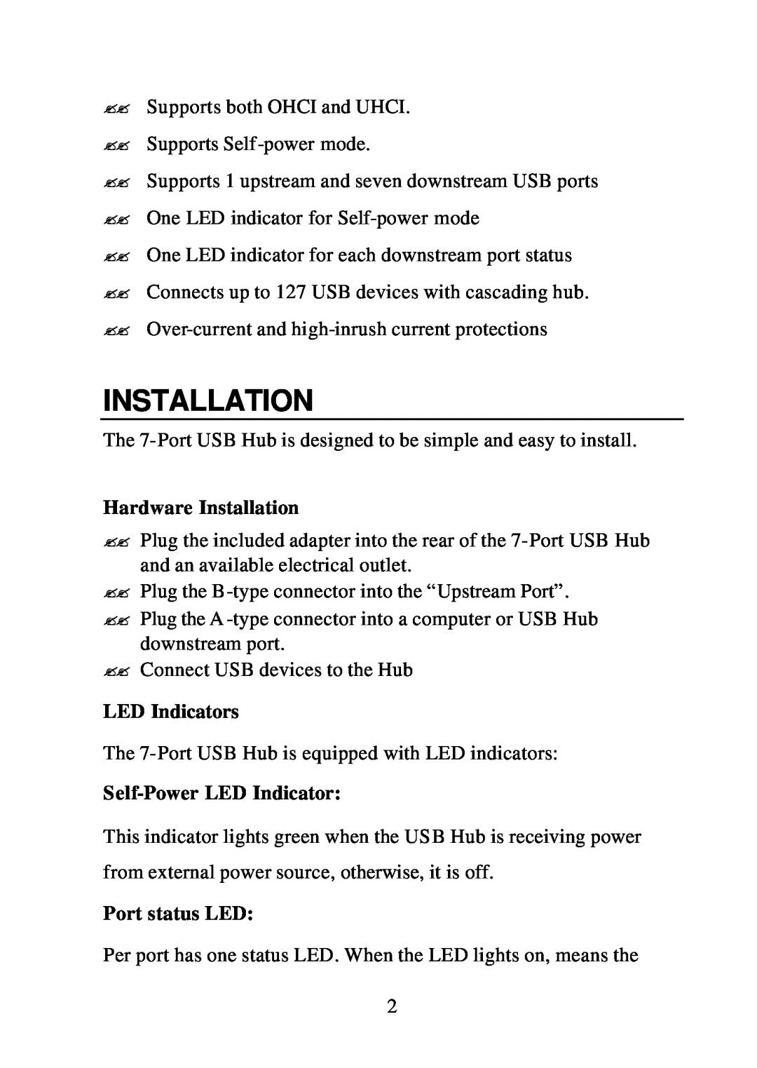 D-Link DU-H7 user manual Hardware Installation, LED Indicators, Self-Power LED Indicator, Port status LED 