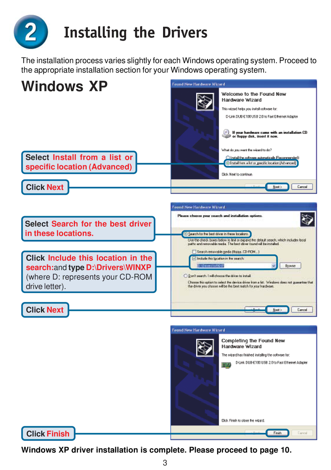 D-Link DUB-E100 specifications Installing the Drivers, Windows XP 